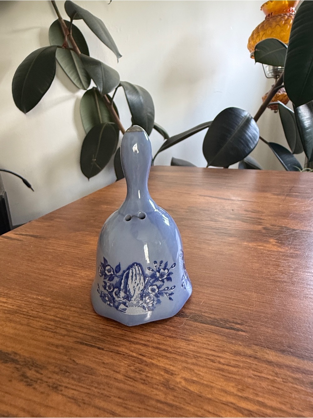 Blue Floral Ceramic prayer hands Hand Bell vintage 1979 Taiwan Spencer gifts